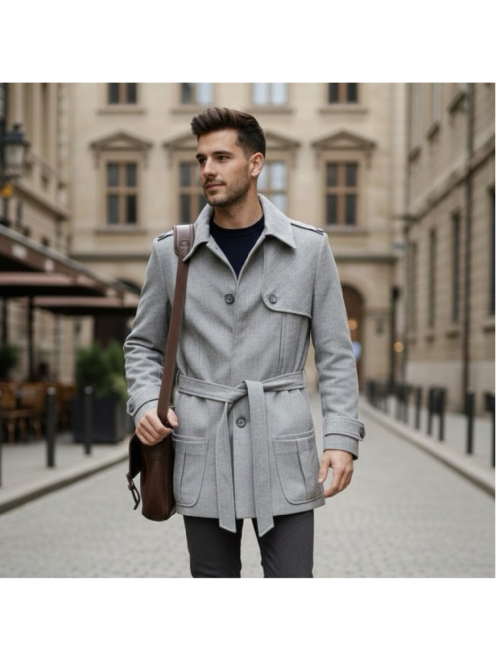 Obakki Light Grey 100% Wool Trench Coat Size S